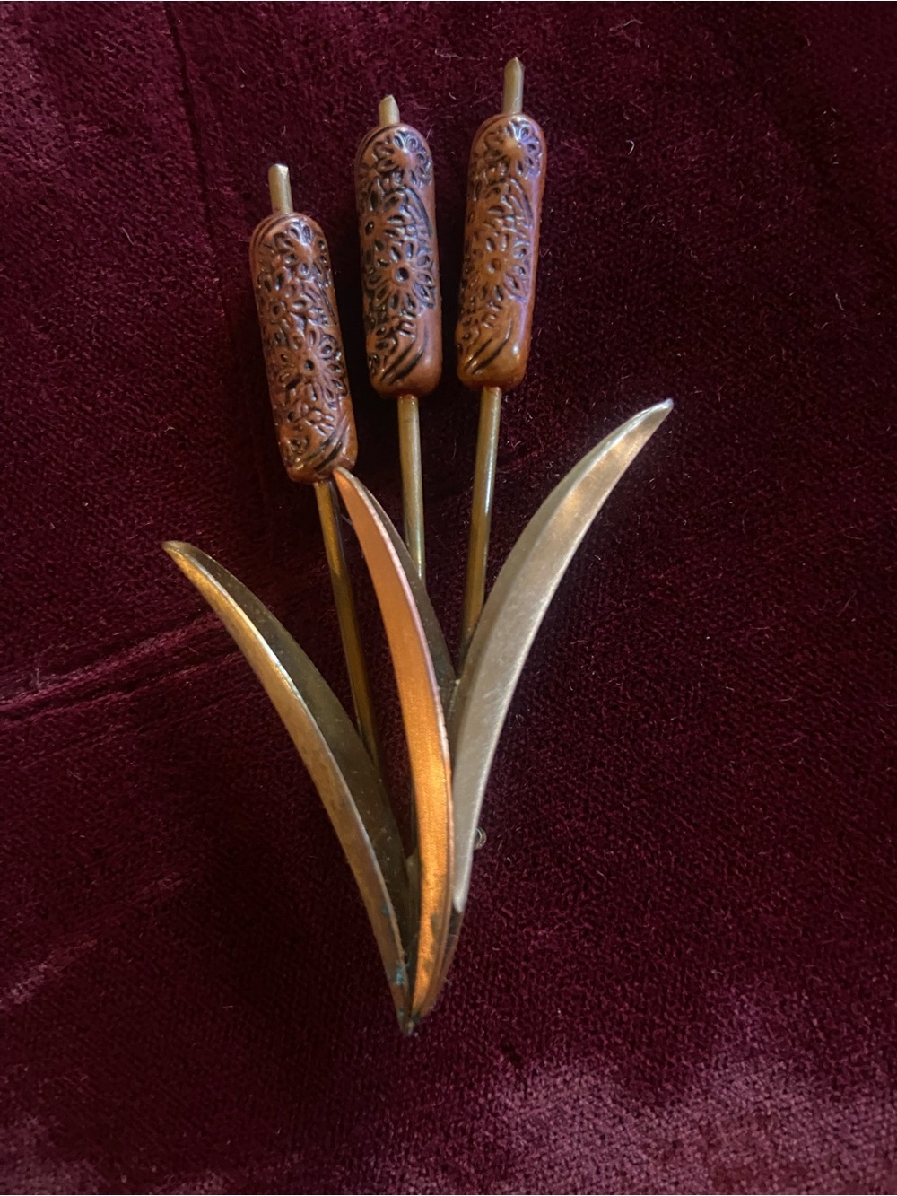 Vintage Cattail Brooch in Brown and Gold